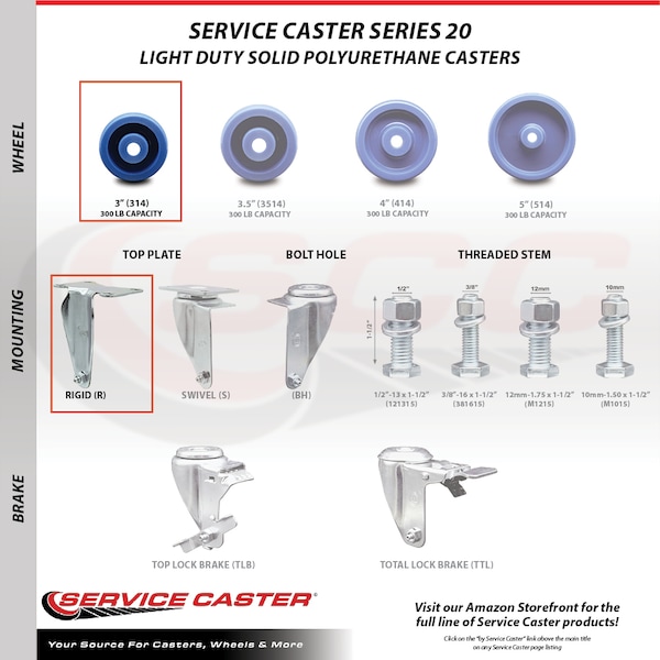 Service Caster 3 Inch SS Solid Polyurethane Top Plate Caster Lock Brake 2 Rigid SCC, 2PK SCC-SSTTL20S314-SPUS-2-R-2 - main